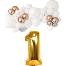 Organizasyon Pazarı Mini Zincir Balon Seti Beyaz-Krom Rose Gold+1 34inç Gold Folyo 30 Adet +Balon Şeridi