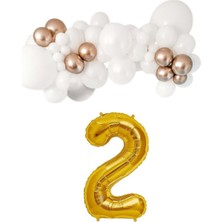 Organizasyon Pazarı Mini Zincir Balon Seti Beyaz-Krom Rose Gold+2 34inç Gold Folyo 30 Adet +Balon Şeridi