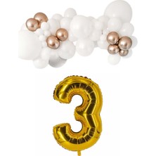 Organizasyon Pazarı Mini Zincir Balon Seti Beyaz-Krom Rose Gold+3 34inç Gold Folyo 30 Adet +Balon Şeridi