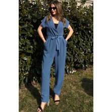 New Laviva Kadın Indigo Kısa Kol, Kruvaze Yaka, Beli Kuşaklı Rahat Tulum