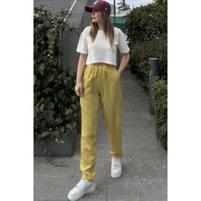 New Laviva Kadın Yag Yeşili Çizgili, Beli Lastikli, Cepli, Salaş Spor Pantolon