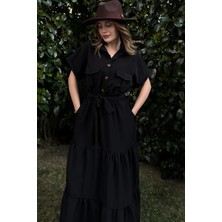 New Laviva Siyah Kısa Kol Airobin Kumaş Yarım Patlı Kemerli Kuşaklı Pliseli Cepli Uzun Elbise