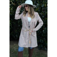 New Laviva Kadın Kiremit Ekru Çizgili Hasır Ip Kemerli Iki Cepli Uzun Keten Ceket