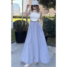 New Laviva Kadın Gri Beli Lastikli, Cepleri Hasır Işlemeli, Rahat Kesim, Uzun Kiloş Etek