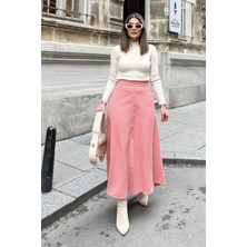 New Laviva Kadın Pudra Yüksek Bel, Cepli, Uzun, Fitilli Kaşe Kumaş, Maksi Kiloş Etek (Dar Kalıp)