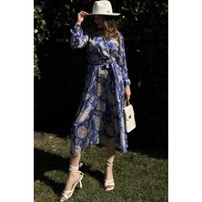 New Laviva Kadın Saks Kruvaze Yaka Yırtmaçlı Beli Kuşaklı Kol Bilekleri Lastikli Salaş Uzun Saten Elbise