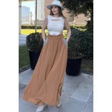 New Laviva Kadın Taba Beli Lastikli, Cepleri Hasır Işlemeli, Rahat Kesim, Uzun Kiloş Etek