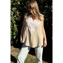 New Laviva Kadın Bej Kruvaze V Yaka, Kolsuz, Color Block, Salaş Bluz