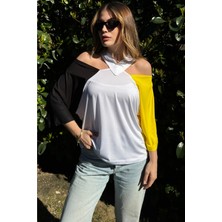 New Laviva Kadın Siyah & Sarı Yarım Kol, Şeritli Dekolte Yaka, Color Block Tasarım, Salaş Bluz