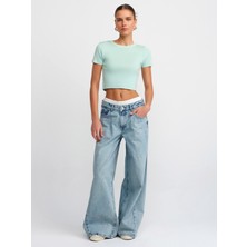 Dilvin 10357 Bisiklet Yaka Kısa Kol Crop Kazak-Mint