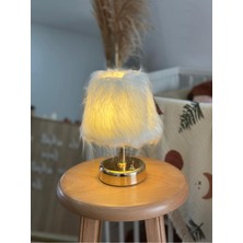 Maison Avf Peluş Beyaz Günışığı Kablosuz Masa Lambası Üst Peluş Alt Parlak Gold ( 9V Pil 75-90 Saat)