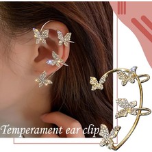 Qiuhong Shop No.2 Boyutu Altın Kaplama Metal Kulak Kemik Klipsi Kadınlar Için Tatlı Nefis Köpüklü Zirkon Kelebek Kulak Manşet Klip Küpe Fransız Tarzı Takı (Yurt Dışından)