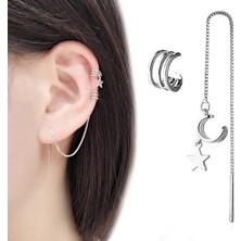 Qiuhong Shop No.2 Boyutu Yeni Kulak Manşet Klip Zincir Küpe Kadınlar Için Yıldız Püskül Klips Küpe Moda Kore Gümüş Renk Takı Femme Earcuff (Yurt Dışından)