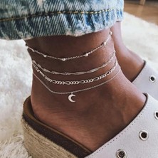 Qiuhong Shop Gümüş Rengi Et Kadınlar Için Basit Zincir Halhal Plaj Aksesuarları Gümüş Renk Ayak Bilezik Takı Bacak Zinciri Çok Katmanlı Ayak Bileği Takı (Yurt Dışından)