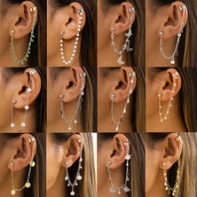 Qiuhong Shop EJ176 Gümüş 16 Moda Altın Metal Püskül Zincir Klip Küpe Kadınlar Için Basit Hiçbir Piercing Sahte Kıkırdak Kulak Manşet Kulak Klipsi Küpe Takı (Yurt Dışından)