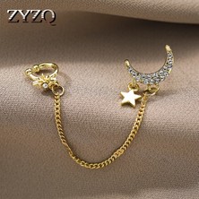 Qiuhong Shop HZS-53710 Zyzq Yeni Yıldız ve Ay Püskül Klip Küpe Wome Için Hiçbir Deldi Basit Yaratıcı Zincir Saplama Küpe Moda Lüks Takı (Yurt Dışından)