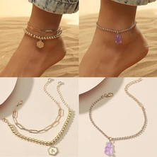Qiuhong Shop Halhal 02 Sevimli Reçine Ayı Taklidi Zincir Halhal Yaz Bohem Püskül Inci Ayak Dekorasyon Mektubu Kişilik Plaj Çok Katmanlı Halhal (Yurt Dışından)