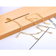 Qiuhong Shop Altın Rengi Lokaer Kadınlar Kızlar Için Moda Zincir Bağlantı Halhal 14K Altın Paslanmaz Çelik Cz Kristal Ayak Takı Браслет На Ногу A (Yurt Dışından)
