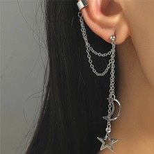Qiuhong Shop NO.64076 Boyutu Vagzeb Fashion Moon Yıldız Klipsli Küpe Kulak Kancası Altın Gümüş Renk Kulak Clain Kadınlar Için Çift Deldi Küpe (Yurt Dışından)
