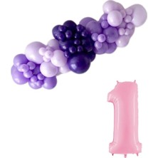 Organizasyon Pazarı Mini Zincir Balon Seti Lila-MakaronLila-Mor+1 34 inç Açık Pembe Folyo Balon 30 Adet +Balon Şeridi