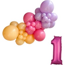 Organizasyon Pazarı Mini Zincir Balon Seti Şeftali-Fuşya-Makaron Lila+1 34 inç Pembe Folyo Balon 30 Adet +Balon Şeridi