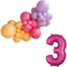 Organizasyon Pazarı Mini Zincir Balon Seti Şeftali-Fuşya-Makaron Lila+3 34 inç Pembe Folyo Balon 30 Adet +Balon Şeridi