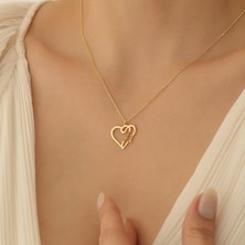 Nox Jewelry 14 Ayar Altın Mikron Kaplama Kişiye Özel Tasarım Çift İsimli Kalp Gümüş Kolye - CN00281