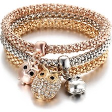 Qiuhong Shop No.11 Boyutu Baykuş Kolye Mısır Zincir Bilezik Bilezik 3 Renk Seti Kristal Rhinestone Zirkon Elastik Patlamış Mısır Bilezik Bayanlar Charm Takı (Yurt Dışından)
