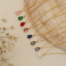 Nox Jewelry 14 Ayar Mikron Altın Kaplama Damla Kesim Doğum Taşı Gümüş Kolye – Minimal Zarif Kadın Kolye - CNS00173