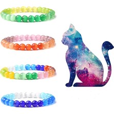 Qiuhong Shop 19CM Tarzı Beyaz Erkek Kadın Bilezikler Flaş Renkli Kedi Gözü Taş Boncuk Bilezik Vintage Elastik Takı Doğal Mineral Dengesi Yoga Mala (Yurt Dışından)