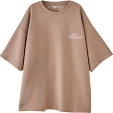 Erkek Bej Renkli Fluffy Baskılı Oversize Tişört