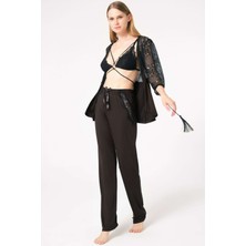 Anıl Kadın Dantelli Sabahlık Balensiz Desteksiz Dolgusuz Yaka Detaylı Sütyen ve Pantolon Pijama 3lü Takım (5698)