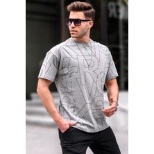 Madmext Erkek Boyalı Gri Harf Desenli Bisiklet Yaka T-Shirt 6061