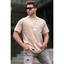 Madmext Bisiklet Yaka Regular Fit Bej Desenli Erkek Tişört 6115