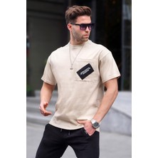 Madmext Bej Bisiklet Yaka Cep Detaylı Tişört 6091