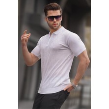 Madmext Desenli Triko Beyaz Polo Yaka Tişört 6357