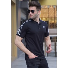 Madmext Siyah Kol Detaylı Nakışlı Polo Yaka Tişört 5892