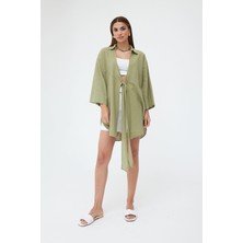 Laluvia Kadın  Pamuklu Haki Flam Keten Kimono