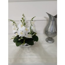 Cennet Home Dörtlü Orkide Aranjman Lüks Gümüş Metal Saksıda Lavanta Yapraklı Yapay Çiçek