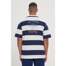 Altınyıldız Classics Erkek Beyaz-Lacivert Loose Fit Bol Kesim %100 Pamuk Çizgili Bisiklet Yaka Tişört