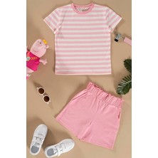 For You Kids Çizgili Tshirt Şort Pembe Takım