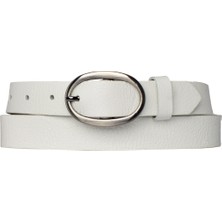 Goderi Deri Mat Gümüş Oval Tokalı Süt Beyaz Ince Kadın Kemeri, 3 Cm=3cm-Kdn-39-Nik.ov