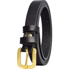 Goderi Deri, Gold Tokalı Çok Ince 1.8 cm Siyah Kadın Kemeri; Elbise, Pantolon Kemeri
