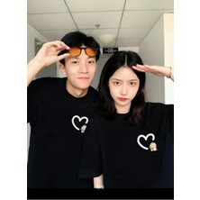 Amor Man Özel Tasarım Bisiklet Yaka Kalp Baskılı  Pamuk Oversize Sevgili Kombini T-Shırt