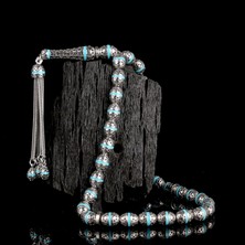 Tesbih Sepetim Arpa Kesim Turkuaz Renk Mineli 925 Ayar Gümüş Tesbih