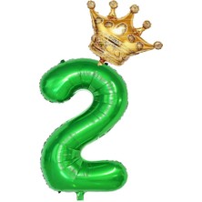 Best Parti 2 Rakam Koyu Yeşil Rakam ve Kral Tacı Folyo Balon Seti