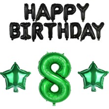 Best Parti Siyah Happy Bırthday Yeşil Rakam ve Yıldız Folyo Balon Seti Yaş 8