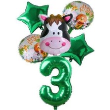 Best Parti Yeşil Rakam Yıldız Inek Hayvan Folyo Balon Seti Yaş 3