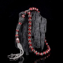 Tesbihsepetim Kırmızı Renk Mineli Zirkon Taşlı 925 Ayar Gümüş Tesbih