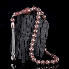 Tesbihsepetim Kırmızı Zirkon Taş Işlemeli Tamamı 925 Ayar Gümüş Tesbih